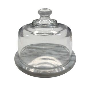 Vintage Cheese Dish Glass Domed Cloche Butter Marble Base Bread Fruit Desert 7"